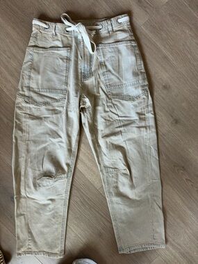 Striped Light Beige Drawstring Pants with Metal Eyelets